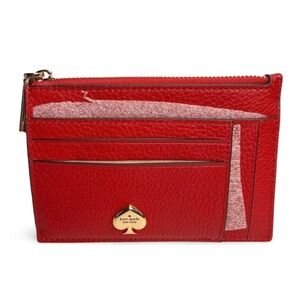 Kate Spade Kayla Red Pebbled Leather Slim Card Holder Wallet Zip Top NWT